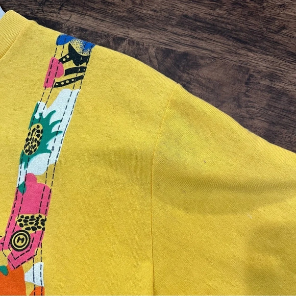 sale 90s Single Stitch Yellow Floral Overall Printed Cropped T-Shirt M - Picture 10 of 12